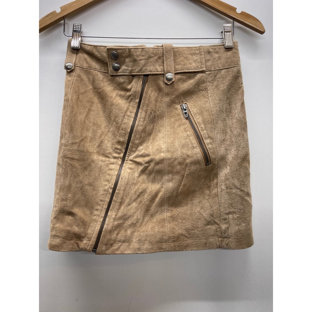 BLANKNYC Tan Suede Leather Moto Mini Skirt Asymmetrical Zip 73K-0724NO Size 25
